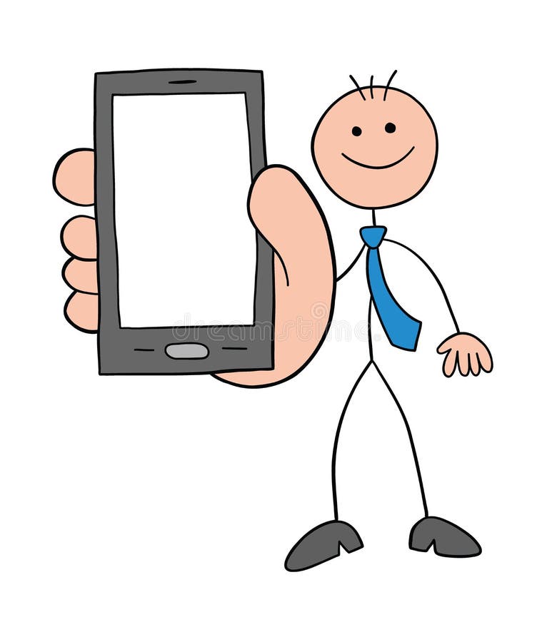 Stickman businessman character showing the smartphone screen, vector cartoon illustration stock illustration