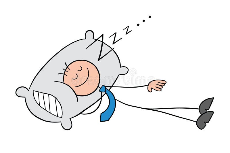 Stickman businessman character sleeps with a pillow, vector cartoon illustration stock illustration