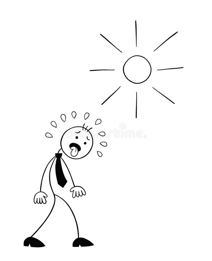 Stickman businessman character walks in hot weather and his tongue is out, vector cartoon illustration vector illustration