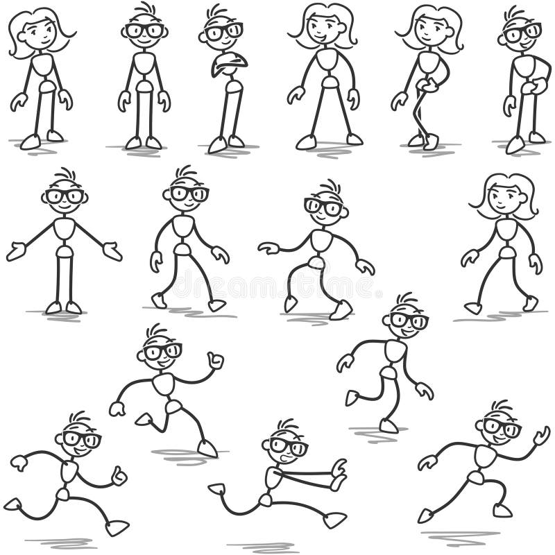 Stick man walk. Black animation kit of walking running and c