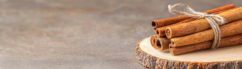 Sticks de scorțișoară stivuite cu sfoară pe felie de lemn cu fundal rustic pentru uz culinar stock illustration