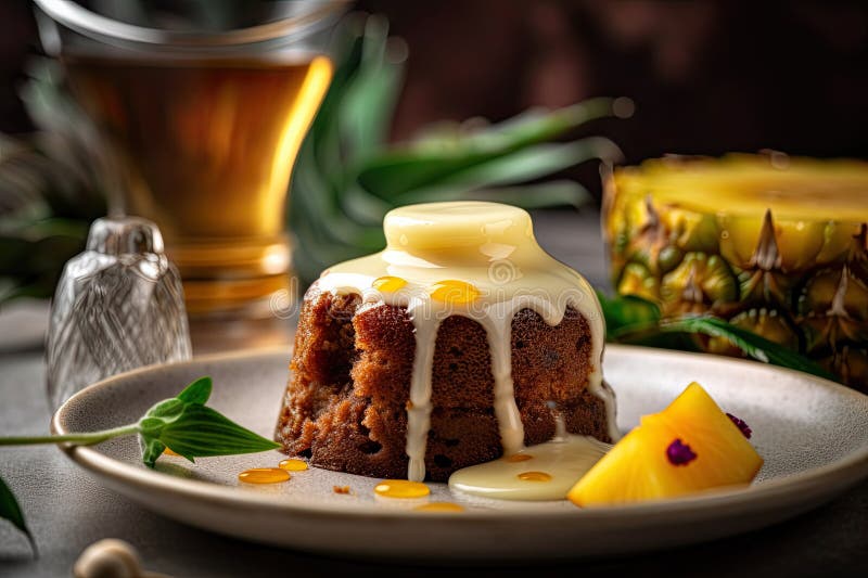 Sticky Ginger Pudding, Marinated Pineapple, Mango Cream and Ginger Beer