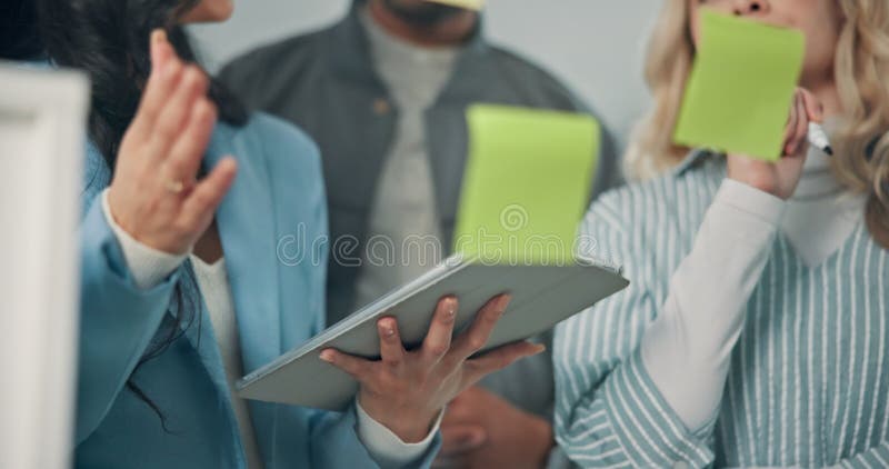 Sticky note, hands and business people on tablet in office for schedule, brainstorming and problem solving. Teamwork stock footage