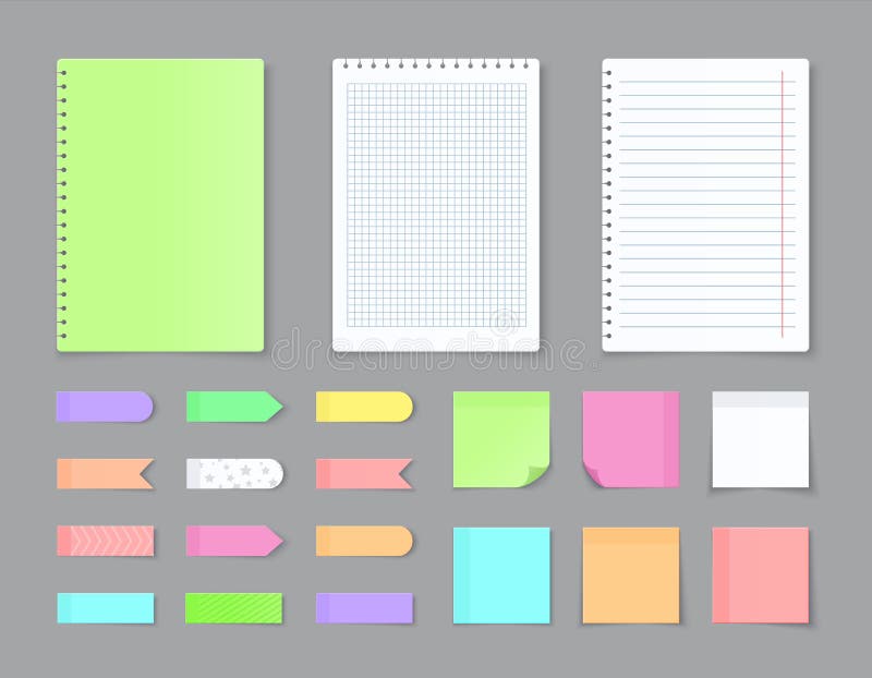 Sticky notebook paper. Adhesive stickers and blank colored sheets with grid squares and lines. Vector empty ripped pages vector illustration