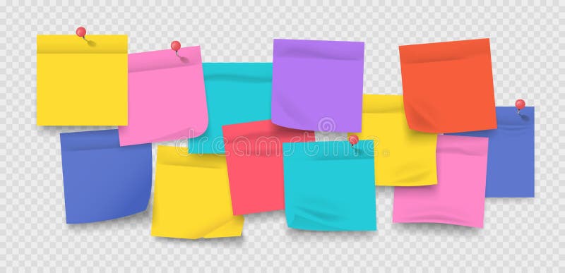 Sticky notes. Colored stickers with pins, realistic notebook sheets and memo isolated on transparent background. Vector stock illustration