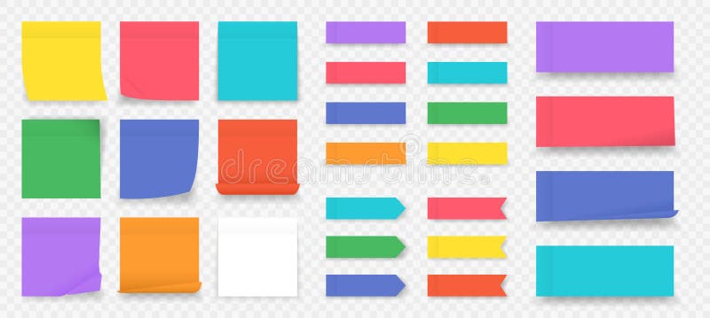 Sticky notes. Paper colored square reminders isolated on transparent background, empty notebook page. Vector paper sheet