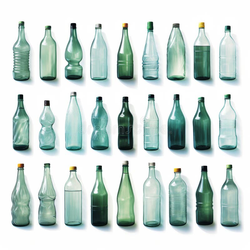 Sticle de apă asortate din plastic cu capace în diferite forme și dimensiuni, izolate pe fond alb stock illustration