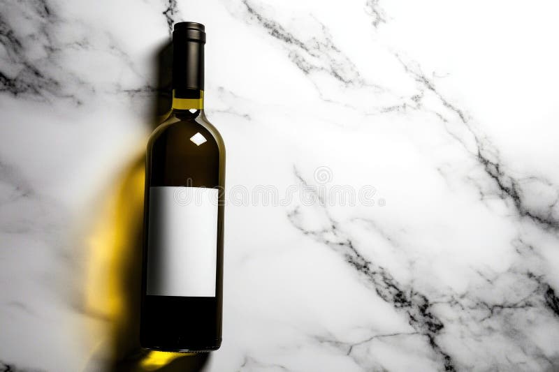 Sticlă de vin elegantă cu etichetă albă pe suprafața marmură stock images