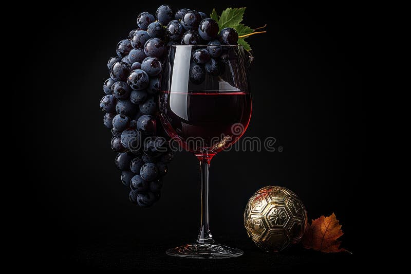Sticlă de vin elegantă cu struguri pe fond întunecat royalty free stock photography