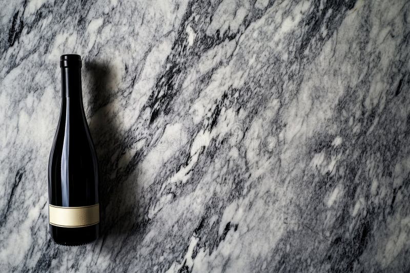 Sticlă de vin elegantă pe suprafața marmurei, cu etichetă goală royalty free stock photos