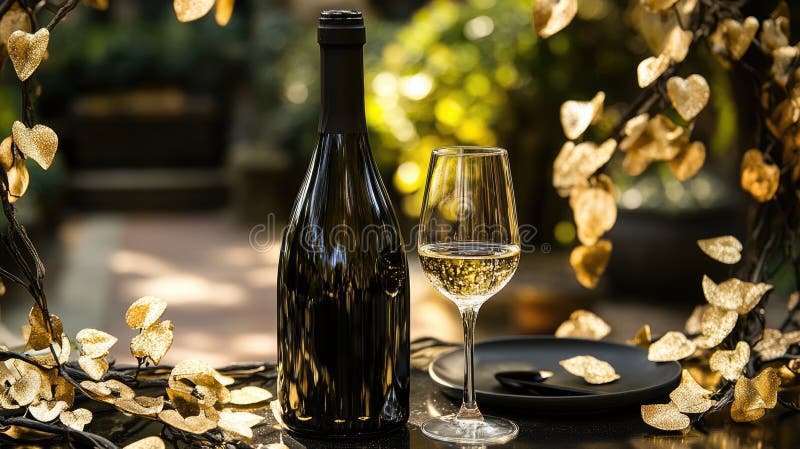 Sticlă de vin elegantă și sticlă de grădină cu lumină solară stock photo