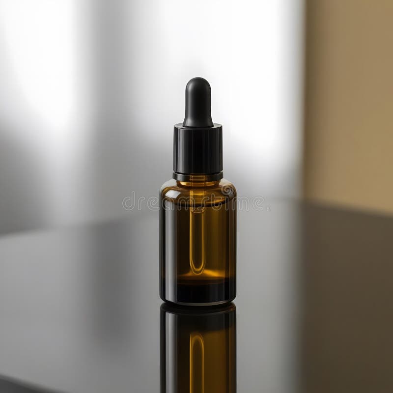 Sticlă lipsită de eleganță și elegantă cu picurător de ser luxos pe negru reflectorizant vector illustration