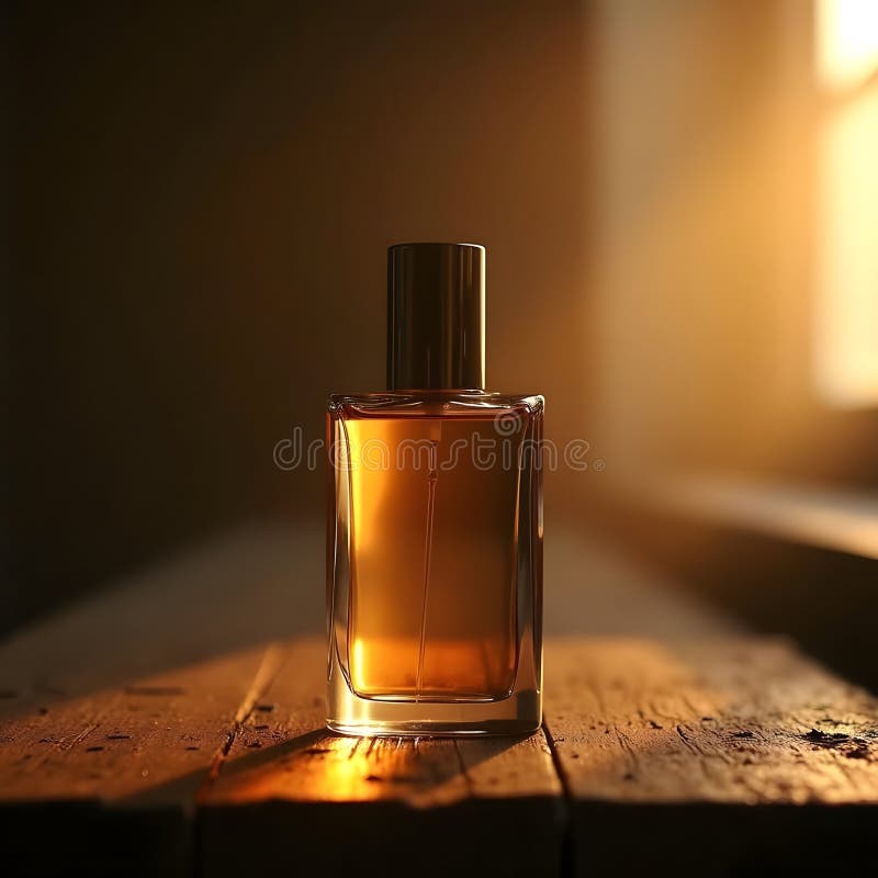 Sticlă parfumată elegantă fără efort pe lemn rustic în lumină călduroasă stock illustration