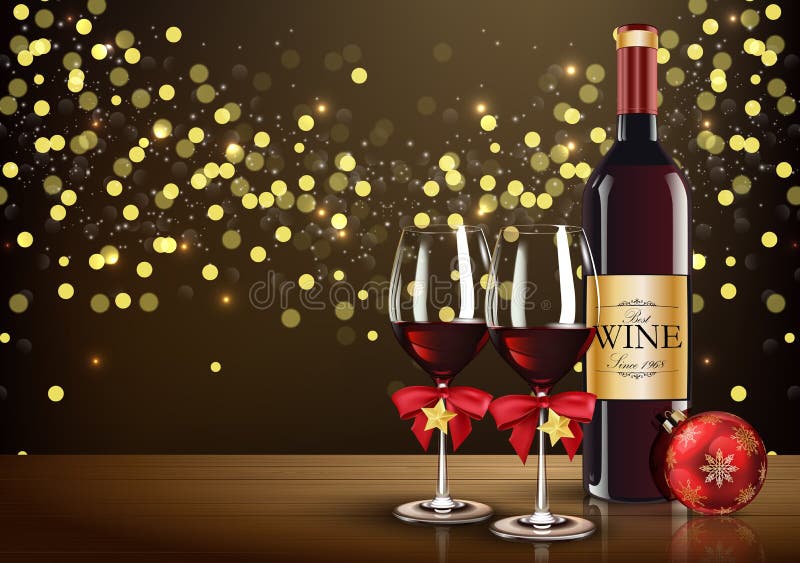 Sticlă roșie de vin cu sticlă de vin și bilă de Crăciun pe fond deschis royalty free illustration