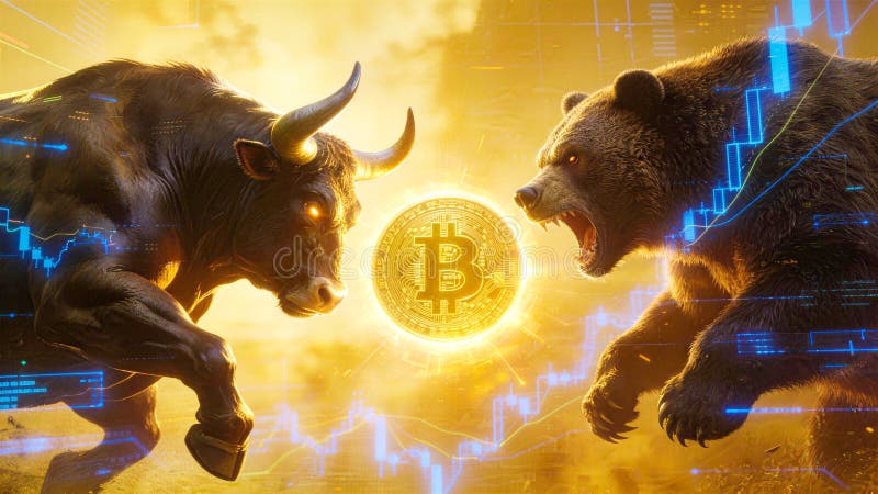 Stier en beer vechten om de Bitcoin-cryptomarkt stock illustratie