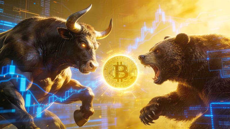 Stier en beer vechten om de Bitcoin-cryptomarkt stock illustratie