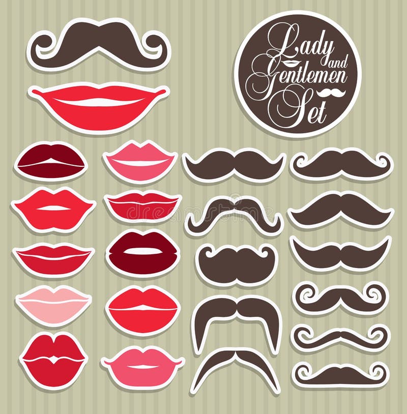 Stikers collection of moustaches and lips. stock illustration