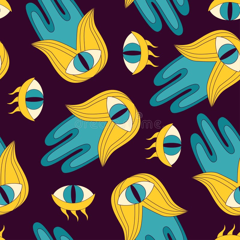 Stil ezoteric, stil 1970, cu mâini de hamsa și ochi răi. amuletă fatima hand și fond psihedelic abstract. stock illustration