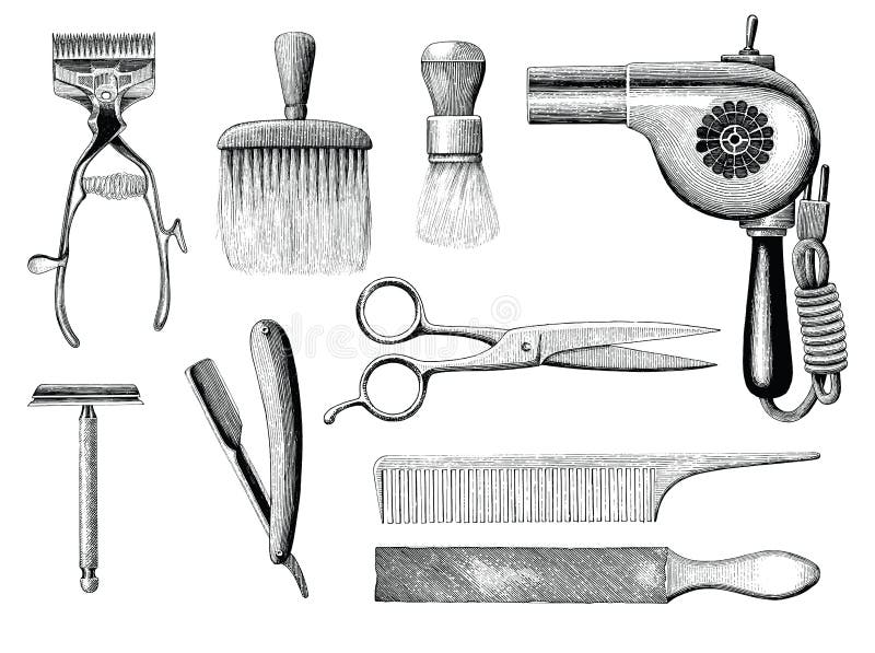 Stil för gravyr för teckning för hand för tappningfrisersalonghjälpmedel stock illustrationer Stil för gravyr för teckning för hand för tappningfrisersalonghjälpmedel stock illustrationer