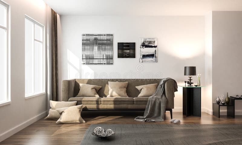 Stil modern alb în sufragerie interioară, cu canapea maro în vrac, pe macheta de podea din lemn de esență tare 3d, ilustrând 3d stock illustration