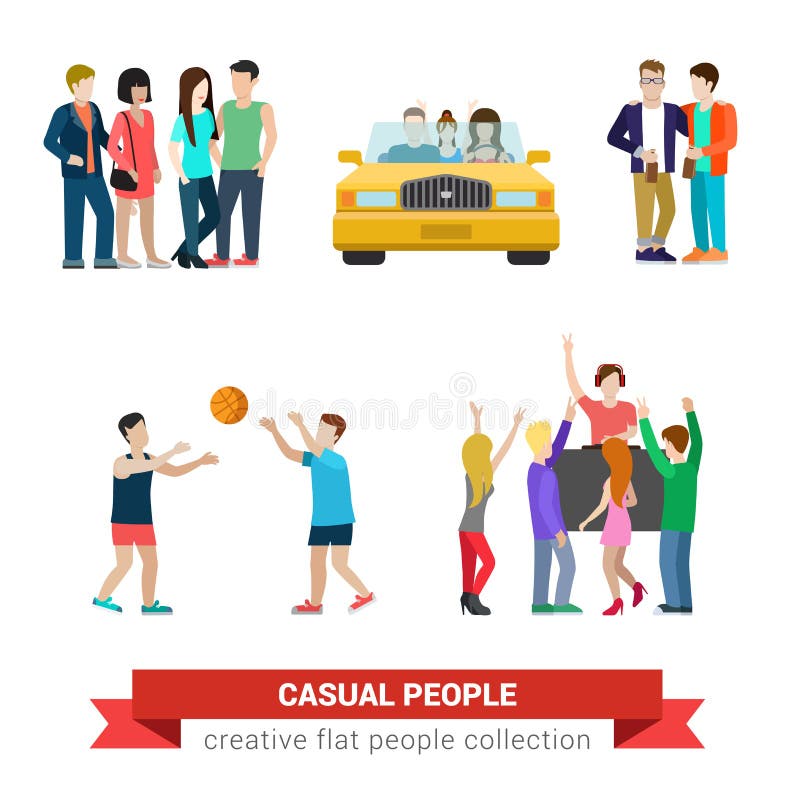 Stile di vita casuale della gente di vettore piano: coppie, partito, amici illustrazione di stock Stile di vita casuale della gente di vettore piano: coppie, partito, amici illustrazione di stock
