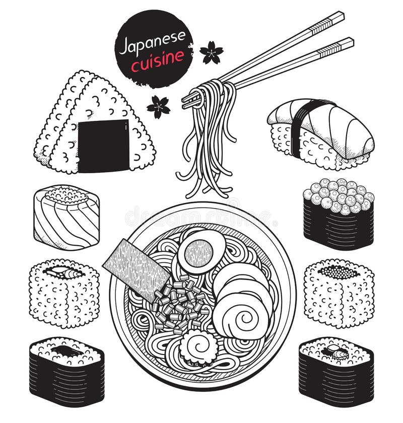 Stile disegnato a mano degli elementi di scarabocchio dell'alimento del Giappone