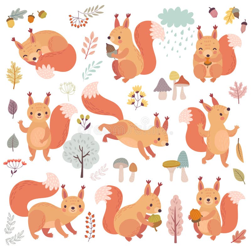 Stile disegno a mano impostato con scoiattolo Carini personaggi di Woodland che giocano, dormono, si rilassano e si divertono illustrazione vettoriale Stile disegno a mano impostato con scoiattolo Carini personaggi di Woodland che giocano, dormono, si rilassano e si divertono illustrazione vettoriale