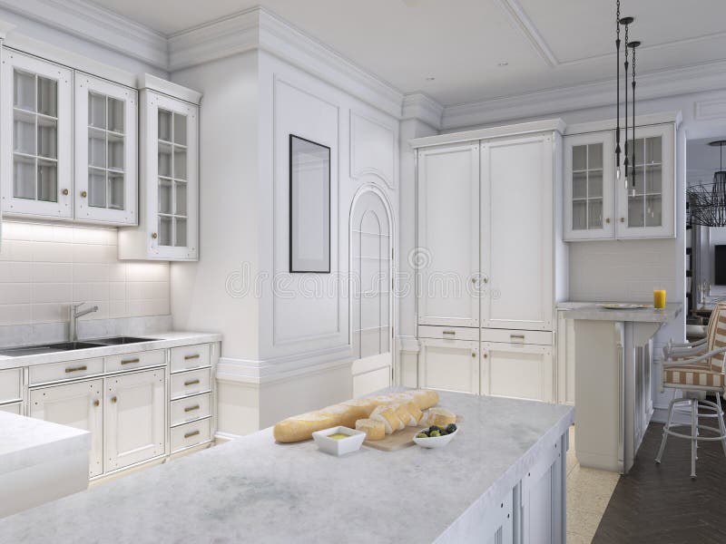 Stile scandinavo classico della cucina di lusso, pannello di legno bianco con tabletoop di marmo illustrazione di stock Stile scandinavo classico della cucina di lusso, pannello di legno bianco con tabletoop di marmo illustrazione di stock