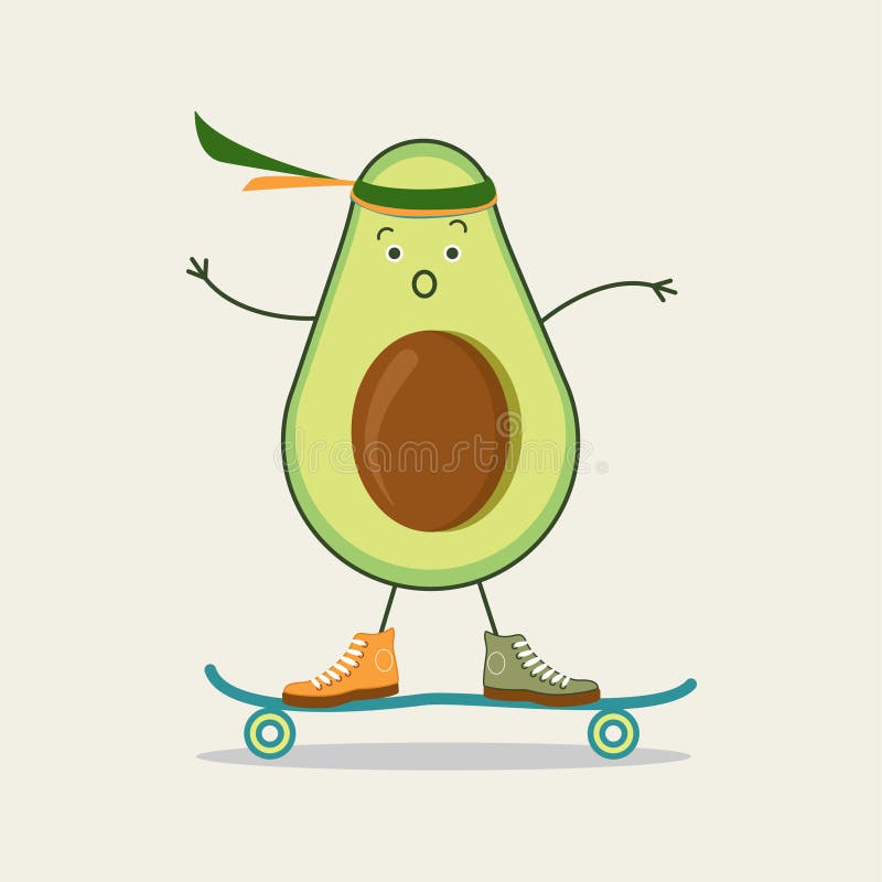 Stilfull grön avokado på en skateboard Roligt tecken för vektortecknad filmfrukt som isoleras på en bakgrund royaltyfri illustrationer