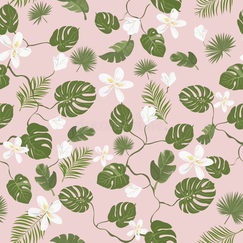 Seamless pattern. Tropical leaves and flowers. Summer template for poster, banner, postcard. vector on pink background. Seamless pattern. Tropical leaves and flowers. Summer template for poster, banner, postcard. vector on pink background.