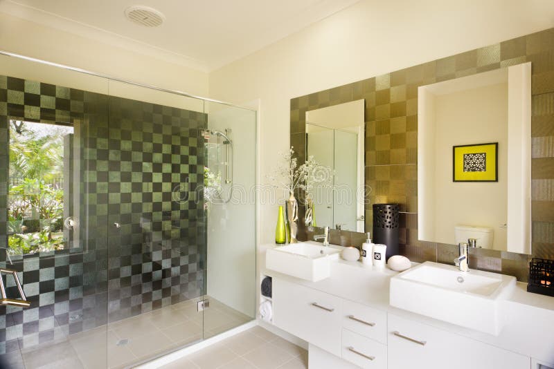 Stilfull modern toalett med en glass dusch och speglar arkivbilder Stilfull modern toalett med en glass dusch och speglar arkivbilder