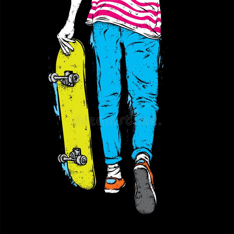 Stylish skater in jeans and sneakers. Skateboard. Vector illustration for a postcard or a poster, print for clothes. Street cultures. Stylish skater in jeans and sneakers. Skateboard. Vector illustration for a postcard or a poster, print for clothes. Street cultures.