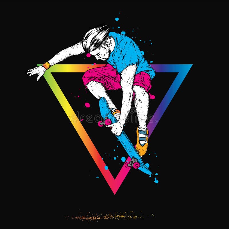 Stilfull skateboradåkare i jeans och gymnastikskor Skateboard Vektorillustration för en vykort eller en affisch, tryck för kläder royaltyfri illustrationer