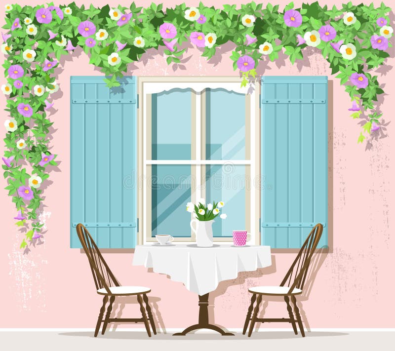 Stilfull yttersida för Provence gatakafé: fönster, tabell och stolar också vektor för coreldrawillustration vektor illustrationer