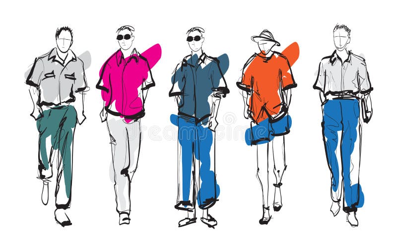 Stilfullt stiligt mans i modekl? der Utdragna h? rliga unga m? n f? r hand Stilfulla m? n Modem? n skissar Modem? n modellerar vektor illustrationer