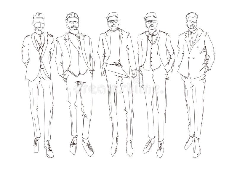 Stilfullt stiligt mans i modekl? der Utdragna h? rliga unga m? n f? r hand Stilfulla mäns uppsättning Modem? n skissar Modem? n vektor illustrationer