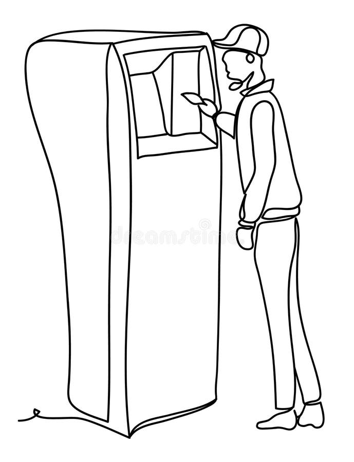 Stilig man som tar pengar från ATMEN Yrkesmässig illustration som isoleras på vit bakgrund Fortlöpande linje teckning royaltyfri illustrationer Stilig man som tar pengar från ATMEN Yrkesmässig illustration som isoleras på vit bakgrund Fortlöpande linje teckning royaltyfri illustrationer