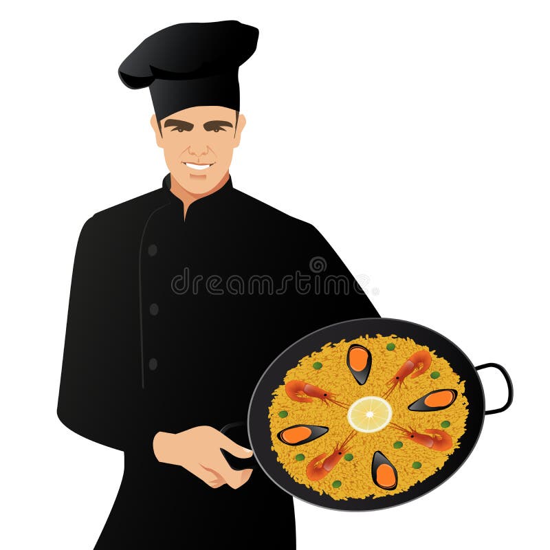 Stilig spansk kock som bär en kökhatt som rymmer en panna med typisk spansk paella som isoleras på vit bakgrund vektor illustrationer Stilig spansk kock som bär en kökhatt som rymmer en panna med typisk spansk paella som isoleras på vit bakgrund vektor illustrationer