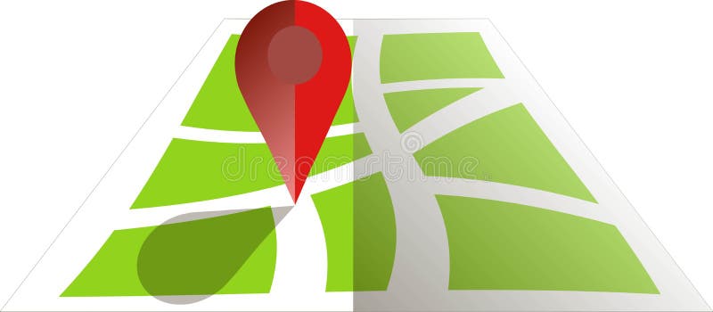 Stiliserad grön översikt med den röda GPS pricken Plan design, objekt på vit, designbeståndsdel