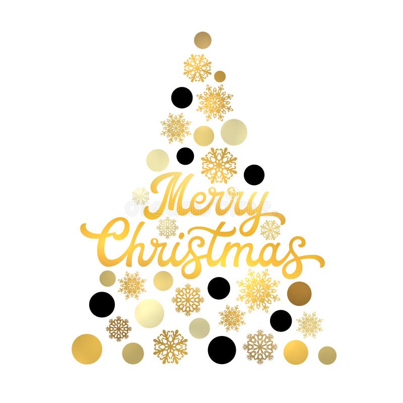 Stiliserad julgran på vit bakgrund med moderiktig guld- handbokstäverdesign Stilfullt Xmas-kort stock illustrationer