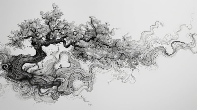 Stiliserad monokrom illustration av surreala träd och dynamiska vågor på prickad bakgrund royaltyfri illustrationer