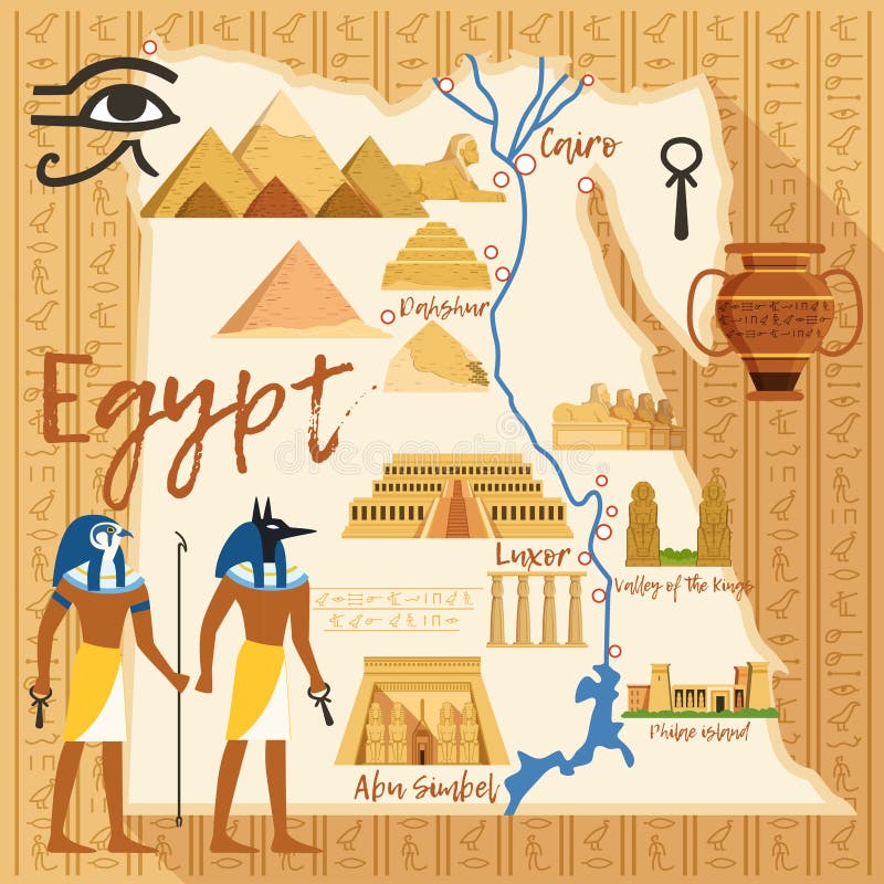 Stiliserad översikt av Egypten med olika kulturella objekt och gränsmärken