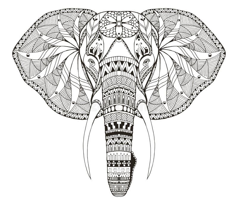 Stiliserade head zentangle för elefanten, vektorn, illustration, freehand