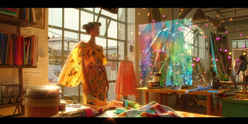 Stilista di moda con ologramma nel workshop aig60 illustrazione vettoriale