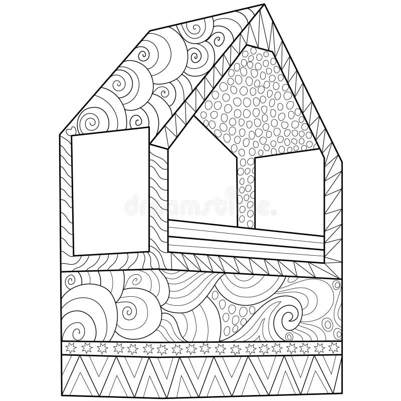 Stilized Pattern House Illustration Black and white line Art illustration av en husform fylld med svårbegriplig abstrakt vektor illustrationer