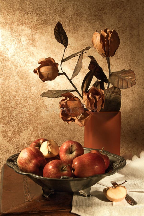 Still life with apples and flowers