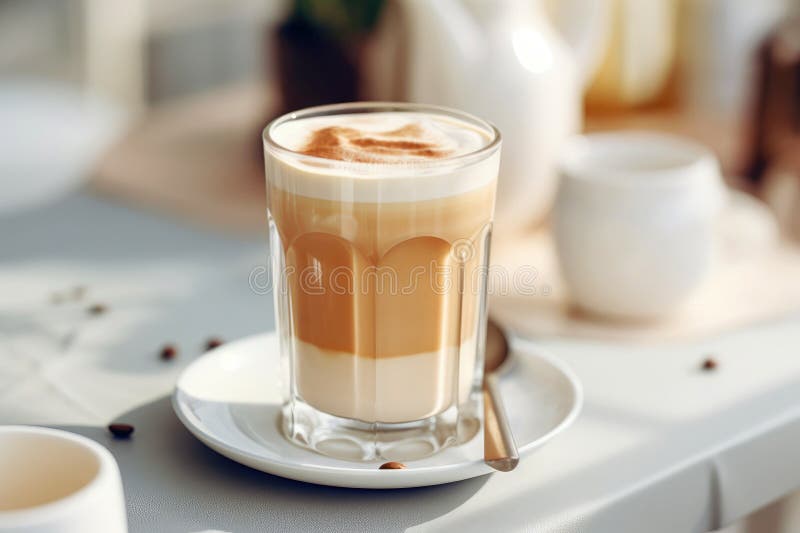 Still life of a beige latte in a glass on the table stock illustration