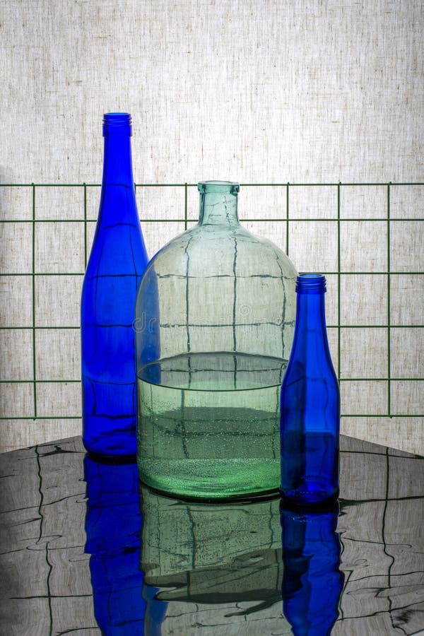 Still Life with Blue Bottles and a Jar with Water Stock Image Image
