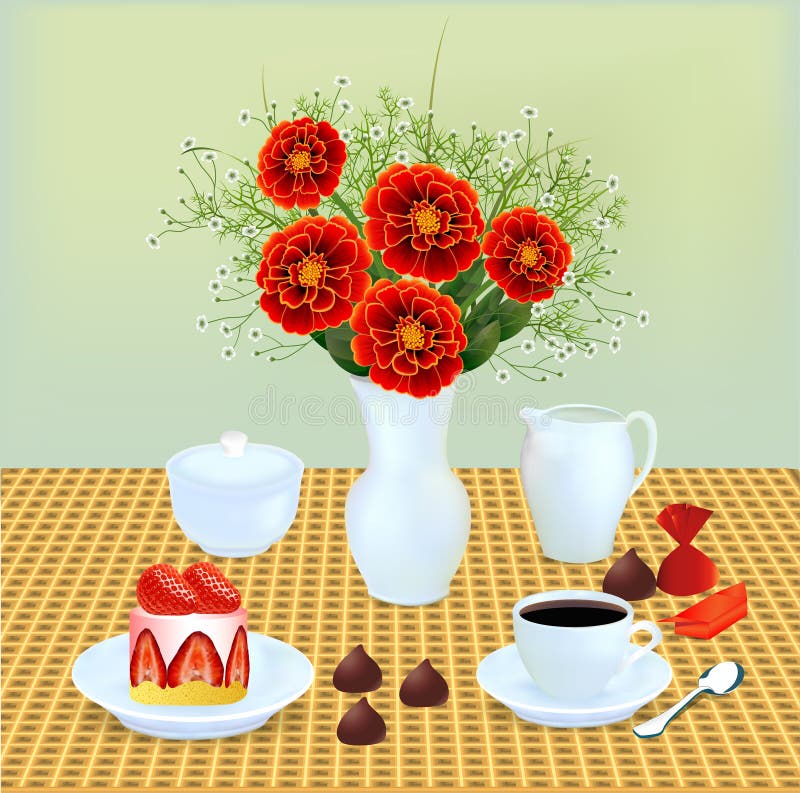 Still life with a bouquet of chocolates and coffee stock illustration Still life with a bouquet of chocolates and coffee stock illustration