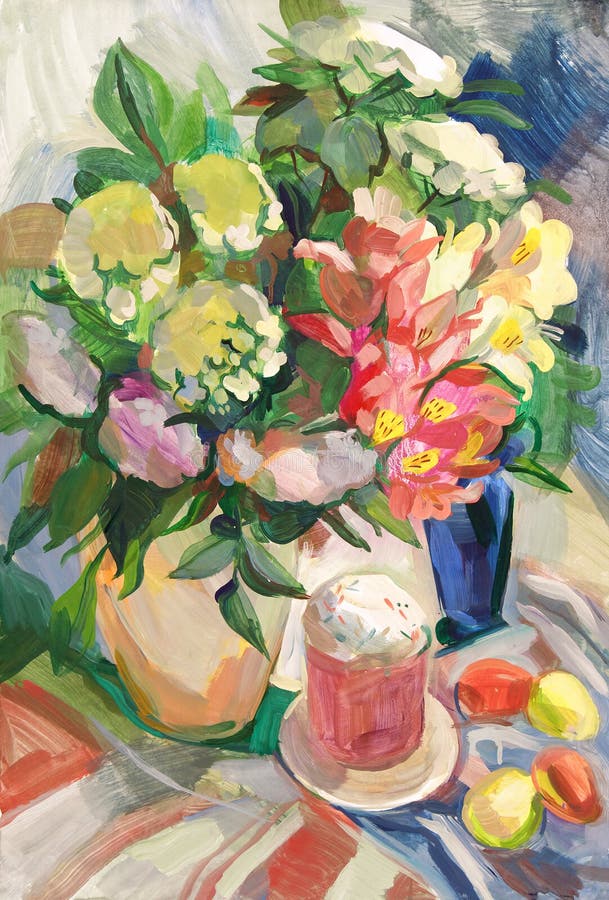 Still life with a bouquet of flowers with easter eggs and cake. Gouache painting